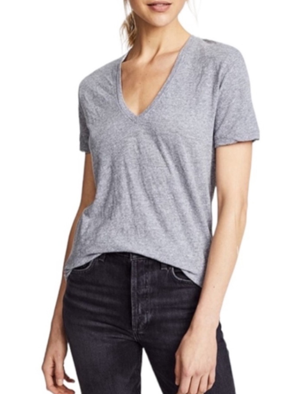 Monrow Heather Gray Deep V-Neck Short Sleeve Tee